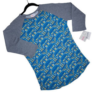 LuLaRoe Geometric Randy T Small NEW Blue Yellow Grey Tan Fitted Baseball Tee